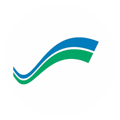 Bron Afon logo with blue and green swoosh lines