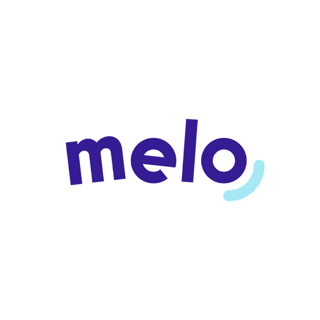 Melo logo with stylised blue curve under the letter “o”